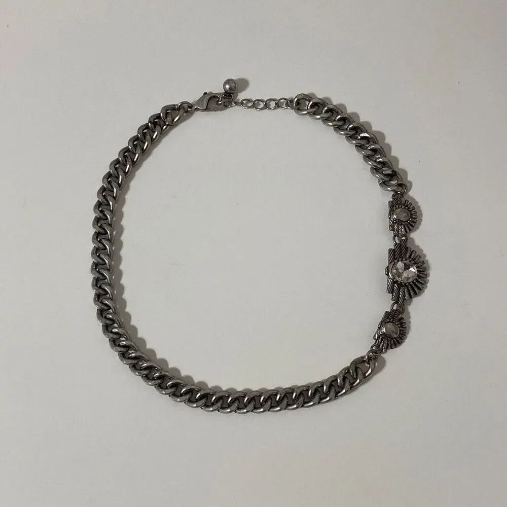 Silver Tone Aztec Tribal Rhinestone Collar Choker Chain Necklace Bohemian